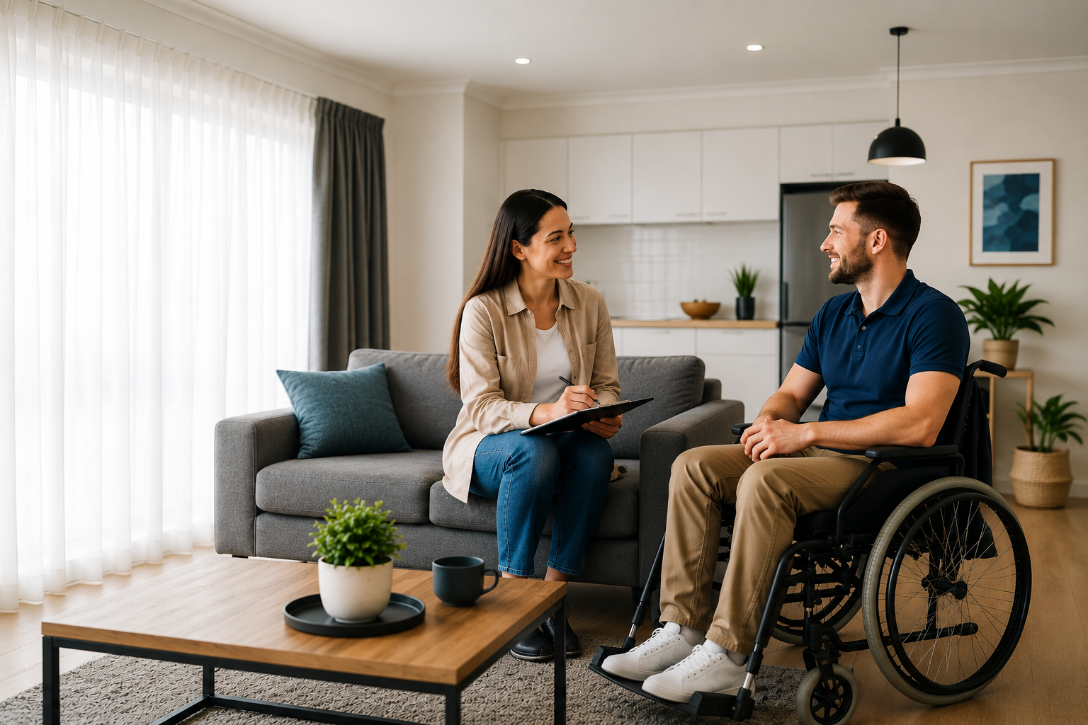 Support worker helping an NDIS participant review rental paperwork at home