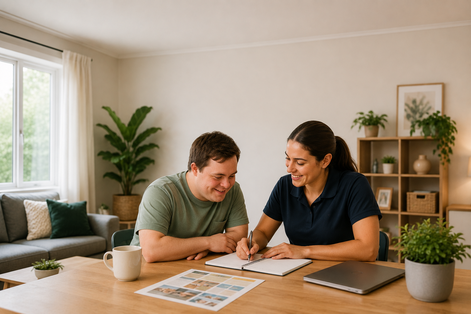 A support worker and participant planning together at home