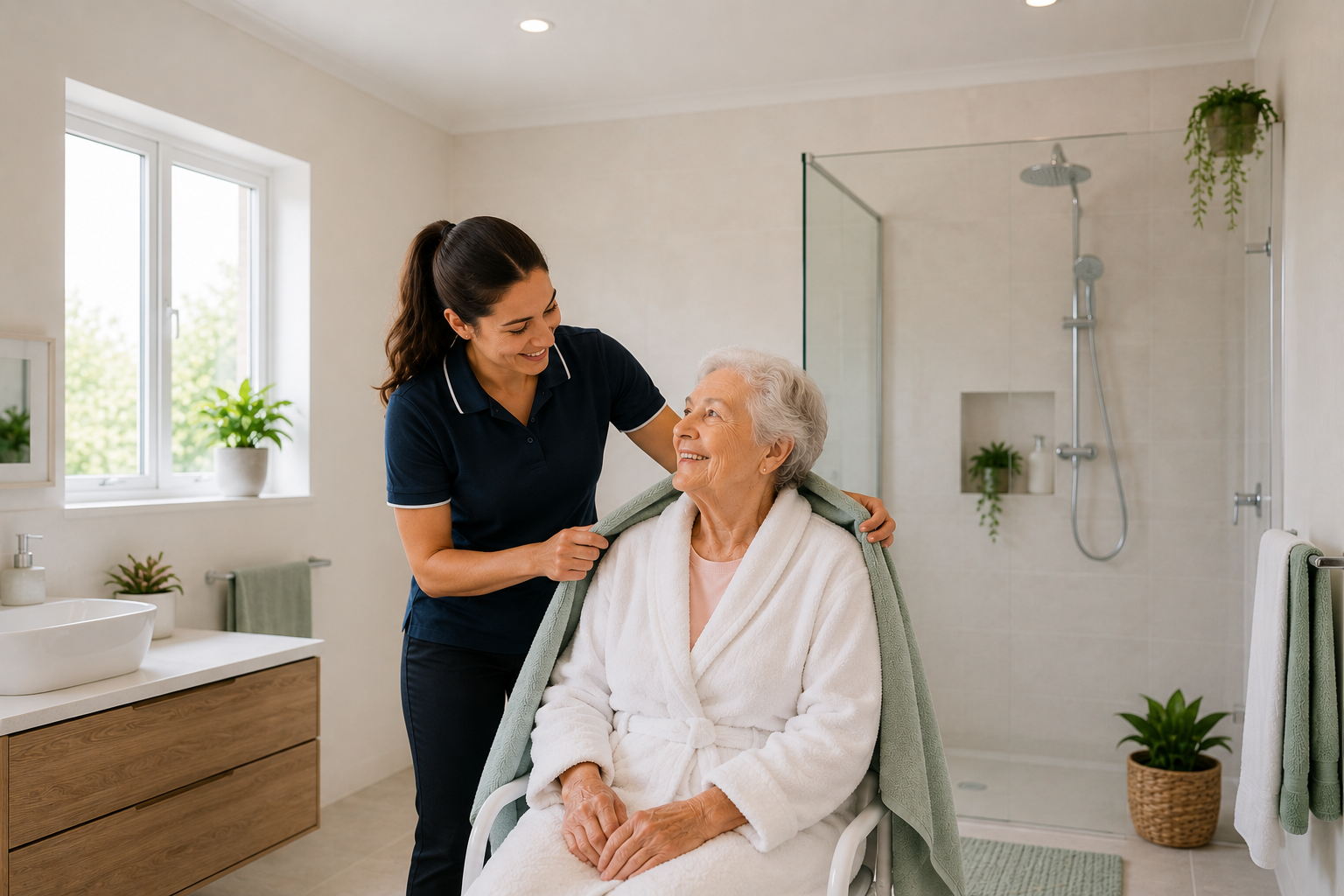 A woman receiving support with her morning routine in an accessible bathroom