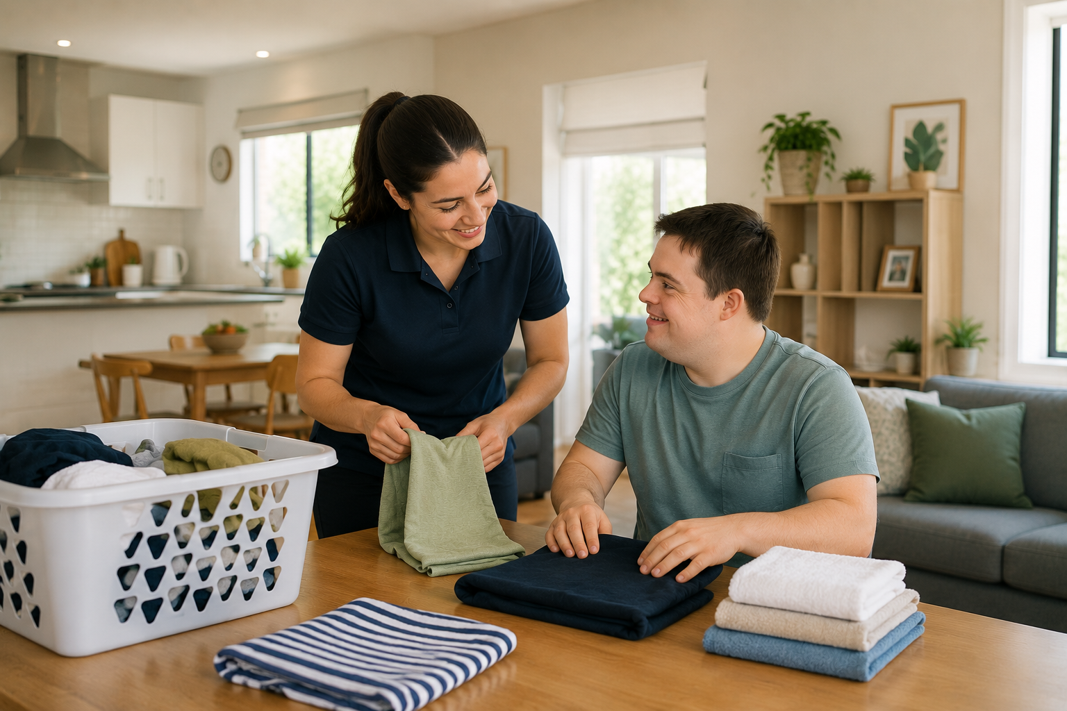 A support worker and participant doing everyday tasks together in the kitchen of their home