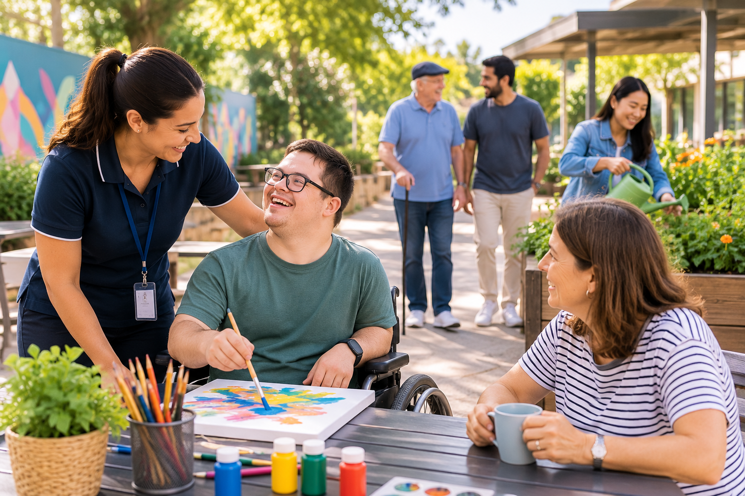 Participants and support workers taking part in a community activity