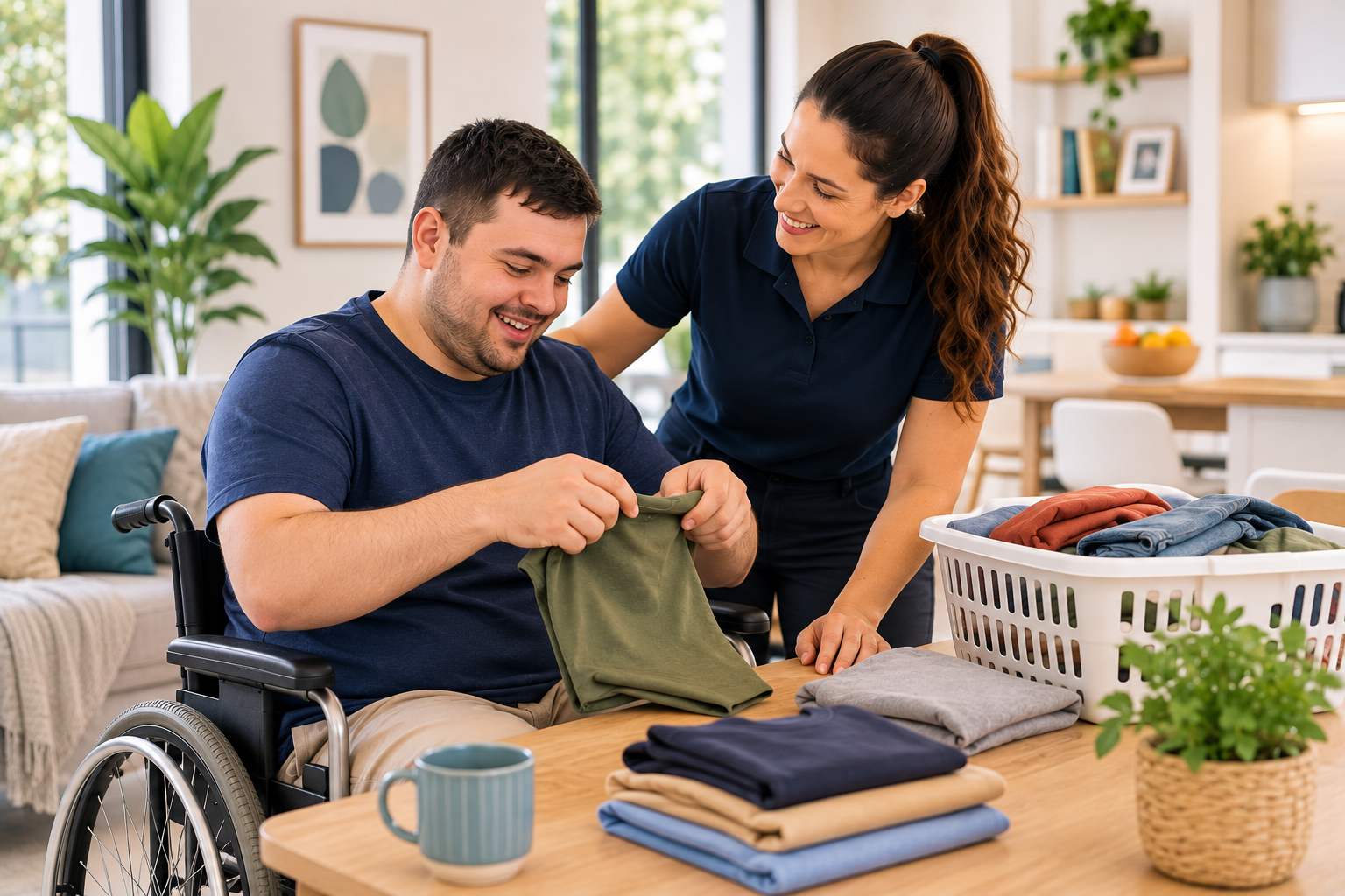 A man folding clothes at home with a support worker beside him