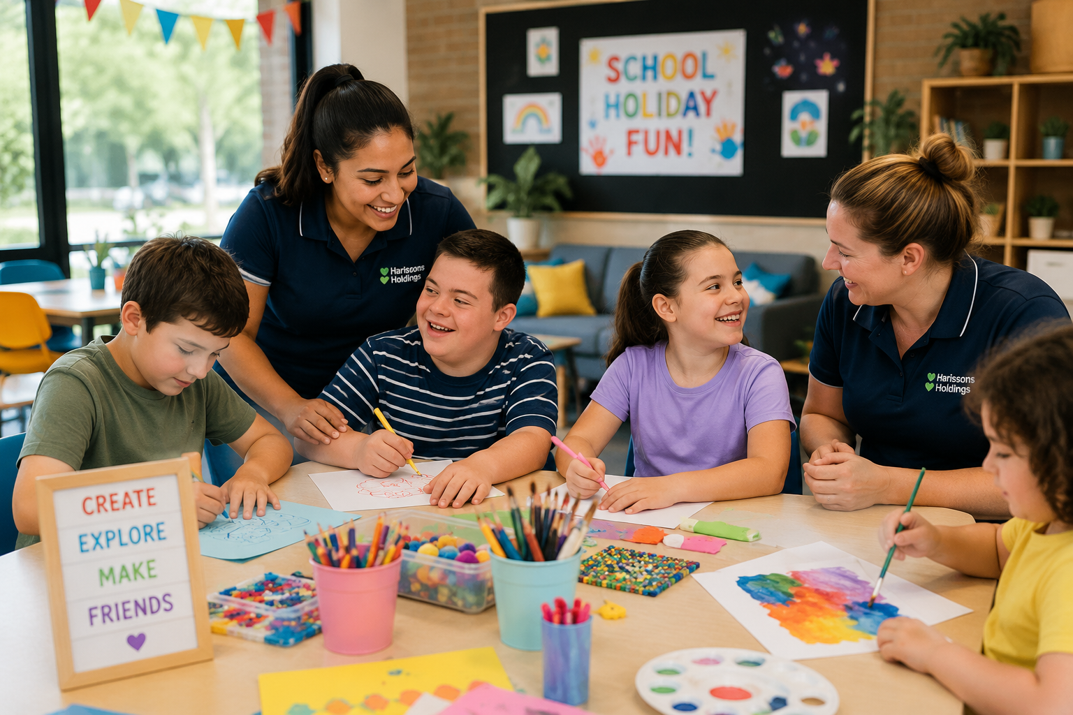 Children and support workers taking part in craft activities around a table