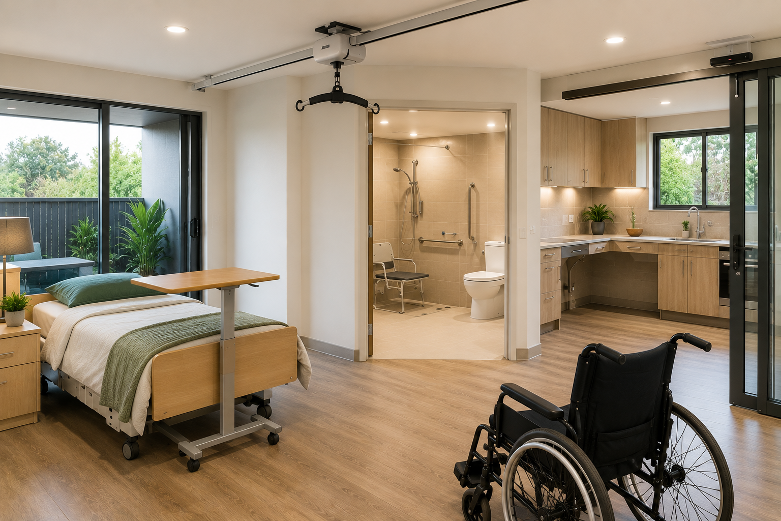An accessible bedroom with a ceiling hoist, adjoining bathroom and wheelchair