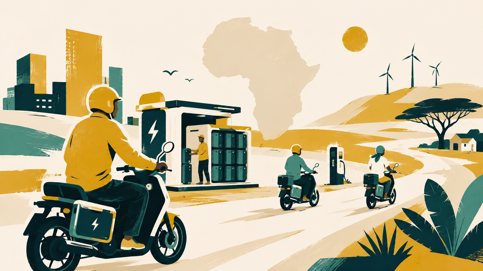 African electric-mobility battery swap station serving motorcycles.