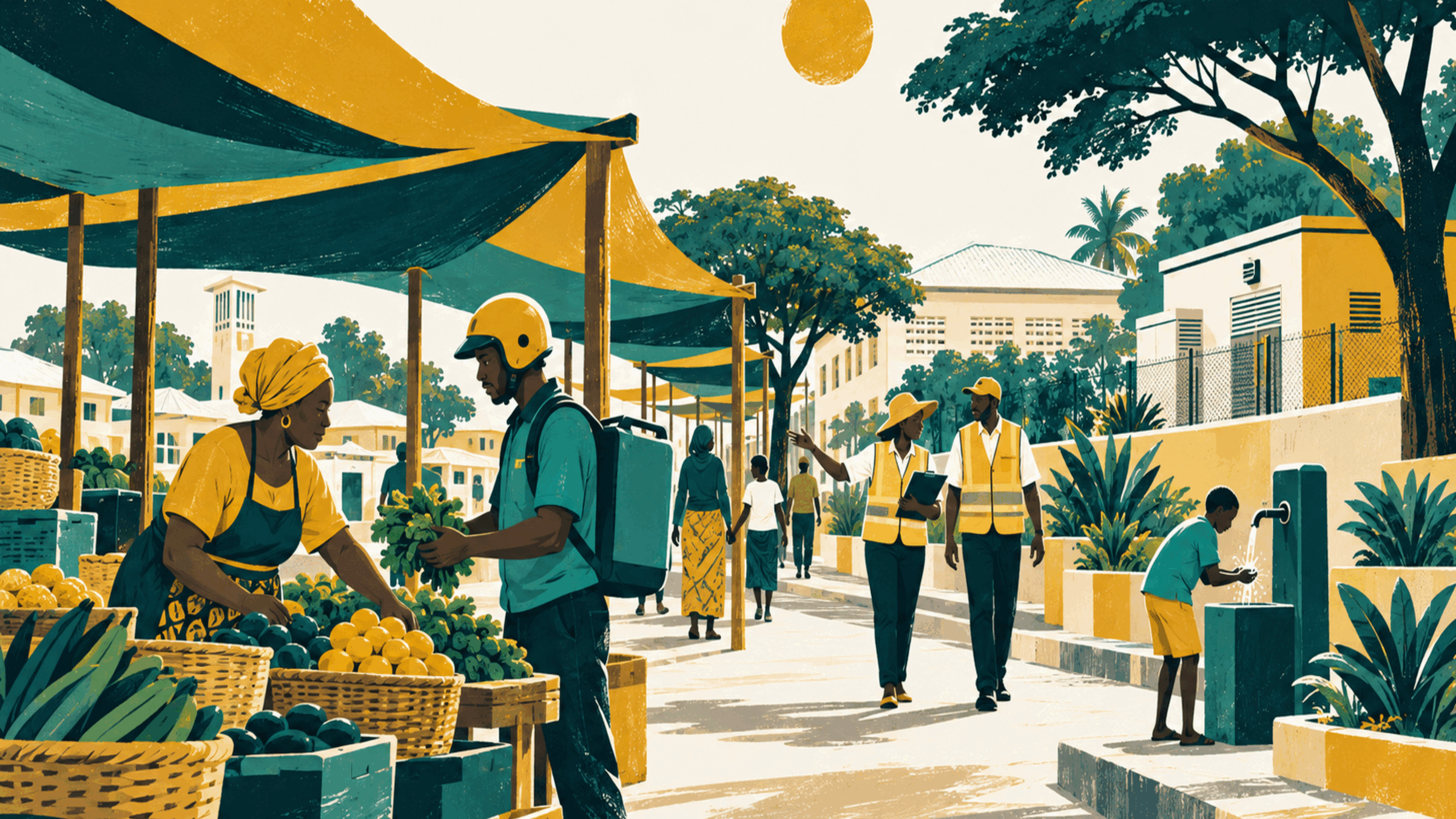 Produce traders, municipal workers and residents use a shaded West African market street with trees, pale roofs and a public water point.