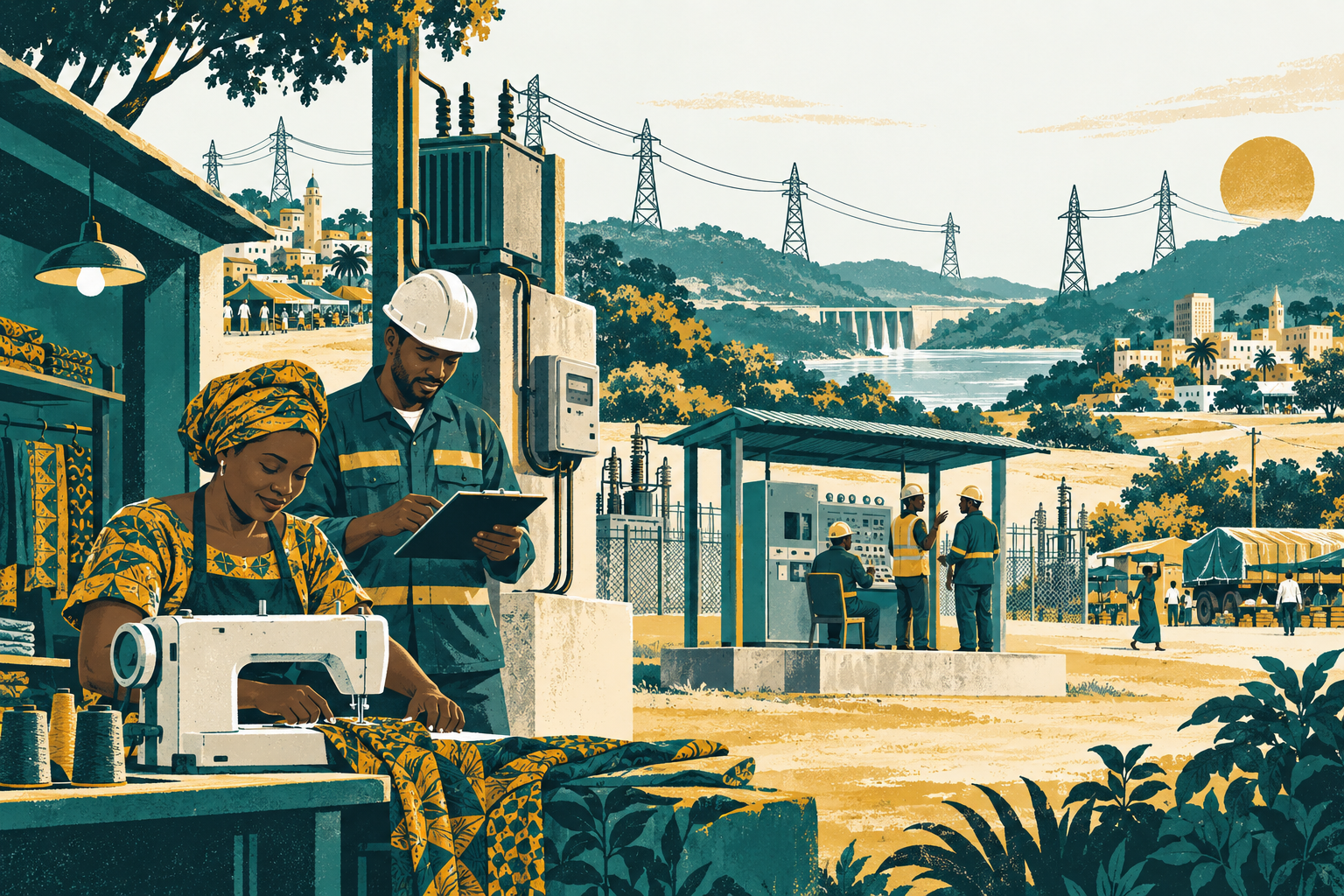 A West African tailor works beside a grid technician while operators manage a substation connected to towns by transmission lines.