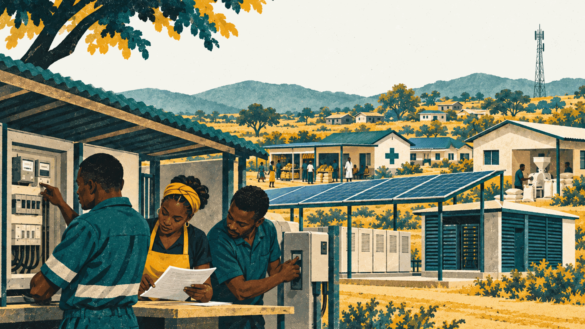 Three African professionals inspect mini-grid controls beside solar panels, battery cabinets, a small computing annex, clinic and grain mill.