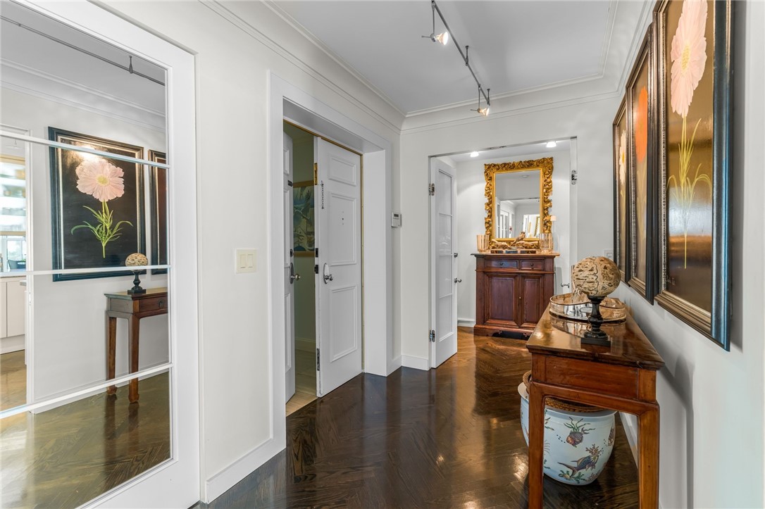 Dark wood-finish flooring with track lighting