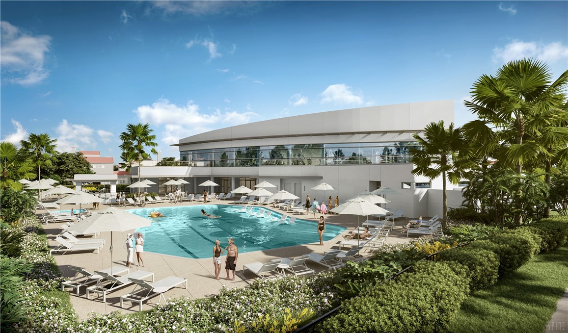 The Cove, a premier 15,000-square-foot Fitness/Wellness Center. Highlights include elite fitness & Pilates studios, rejuvenating spa services, and seamless indoor-outdoor workout areas. Complete your experience at the resort-style pool, café, or gazebo bar, anchored by a peaceful Zen garden w/ stunning views of the Indian River Lagoon. (Rendering)