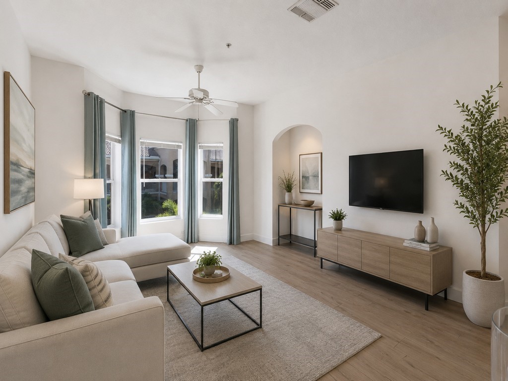 Virtually furnished spacious living area featuring a bay window with ample natural light, ceramic flooring, a ceiling fan, and an architectural archway
