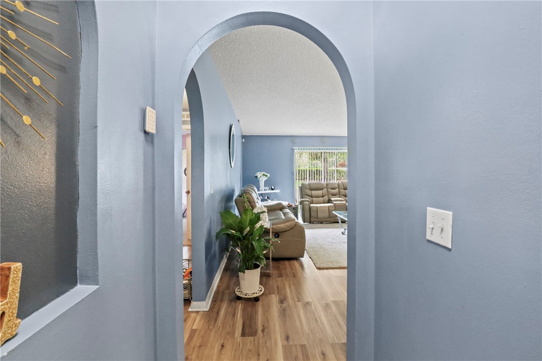 Arched entryway with wood-finish flooring extending into the room beyond