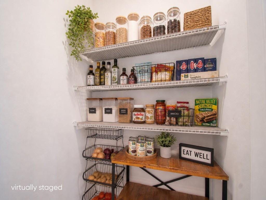 Built-in wire shelving system featuring multiple tiers of storage, a corner-fitted wood-finish countertop, and integrated wire baskets