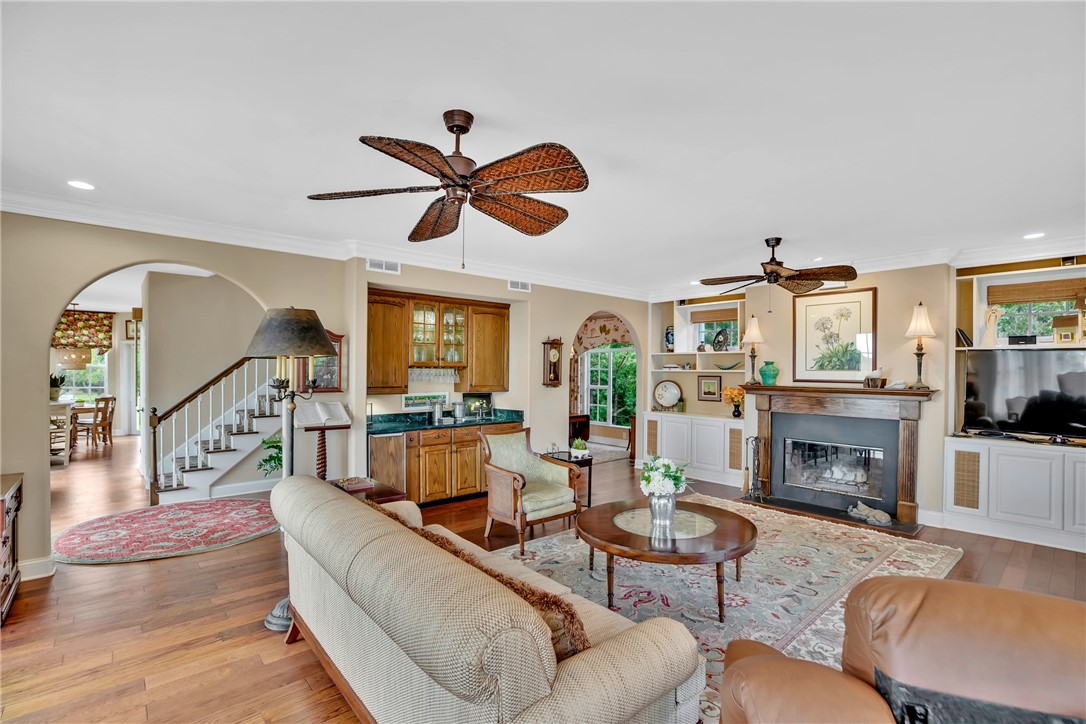 Spacious great room with fireplace and wet bar