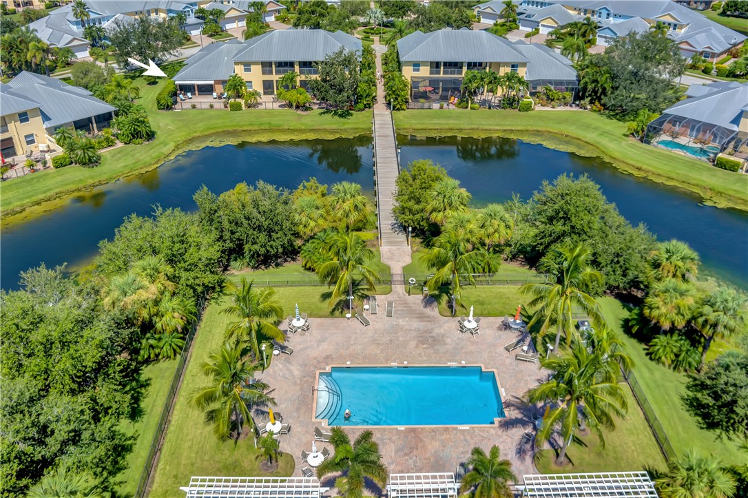 Aerial view of Bridgepointe community pool and pond.