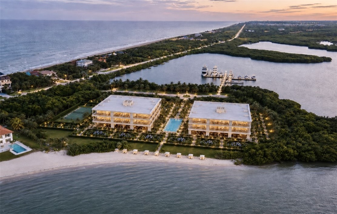 Waterfront property featuring a private beach, two residential buildings with multiple balconies, a central swimming pool, and a tennis court