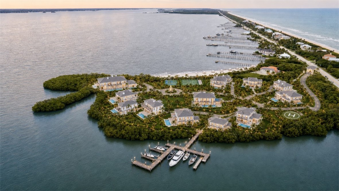 Waterfront community featuring multiple residences, private boat docks, a helipad, tennis courts, and individual swimming pools