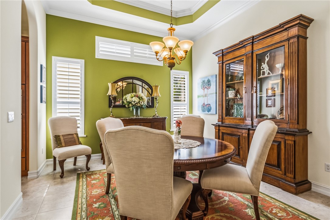 Dining Room, Coffered Ceiling, Plantation Shutters, Chandelier