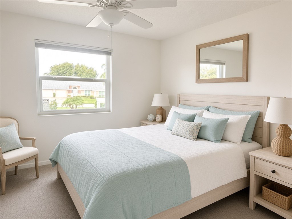 Recessed lighting, ceiling fan, and window with blinds