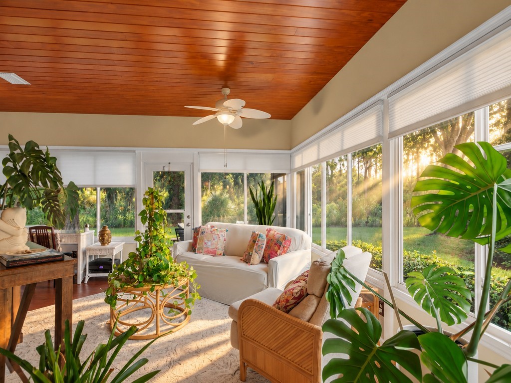 Expansive sunroom featuring a wood-panel ceiling, ceiling fan, and large windows with integrated blinds