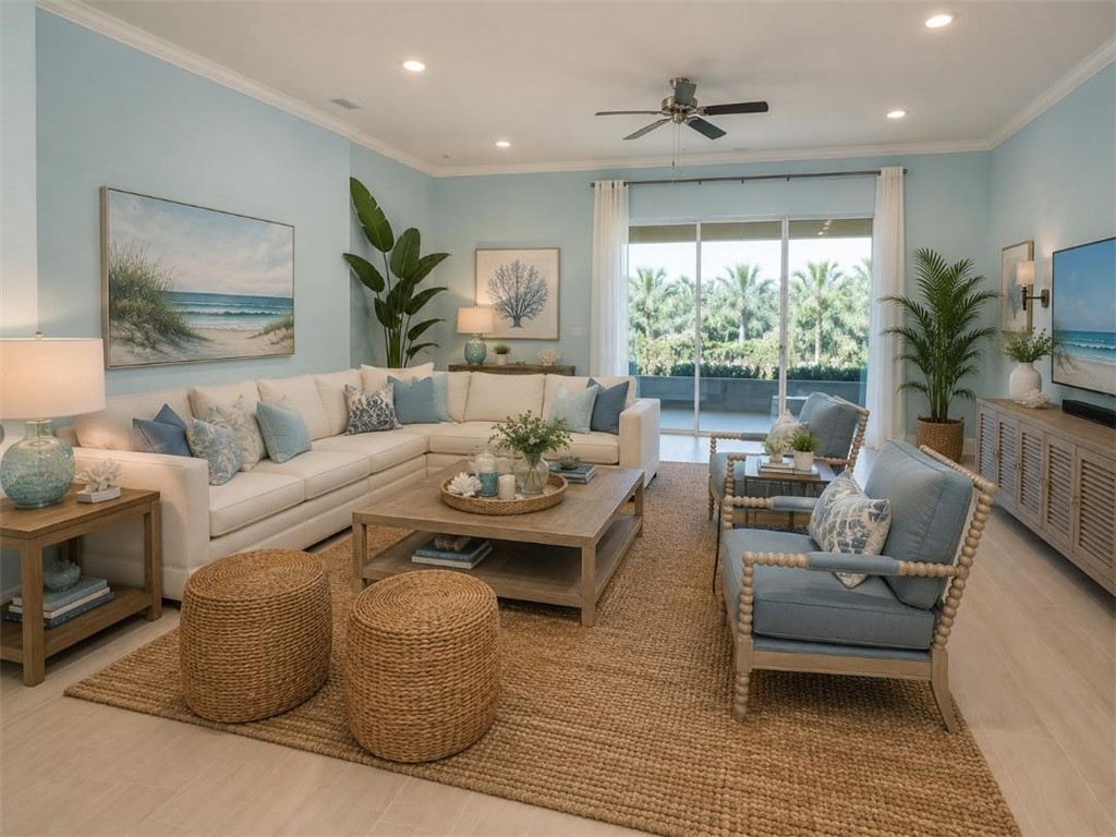 Living area featuring a light blue color palette and crown molding