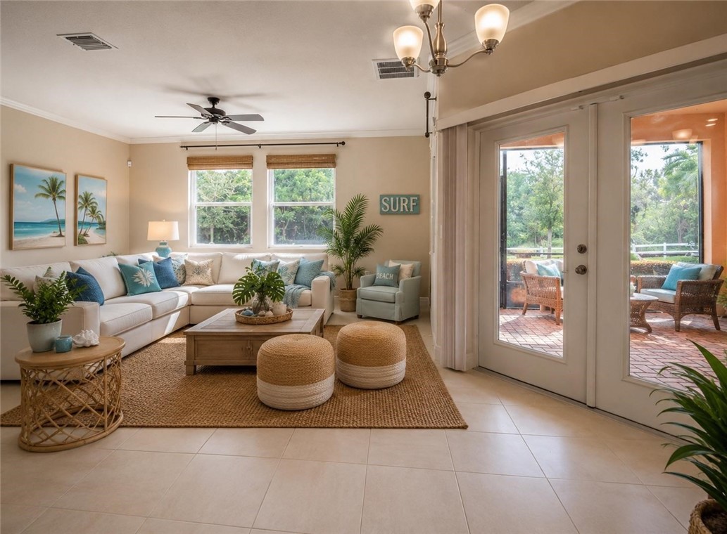 Living area featuring light tile flooring, a ceiling fan, and multiple windows with woven shades