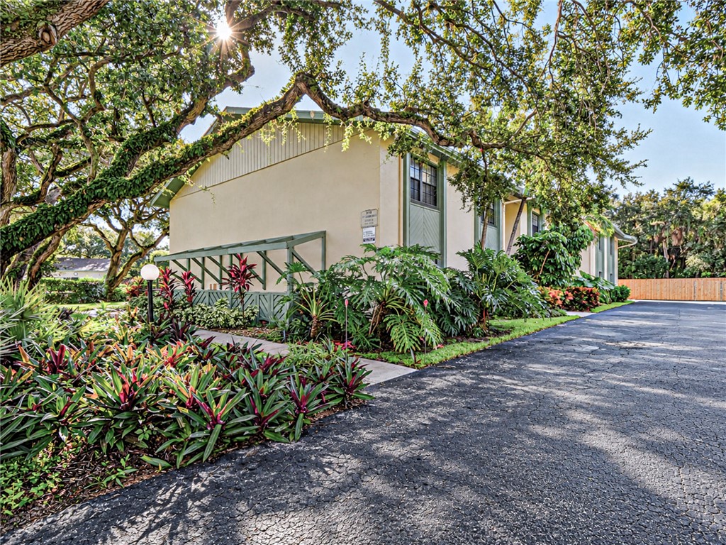 Exterior featuring lush landscaping, mature trees, stucco facade, and a paved drive