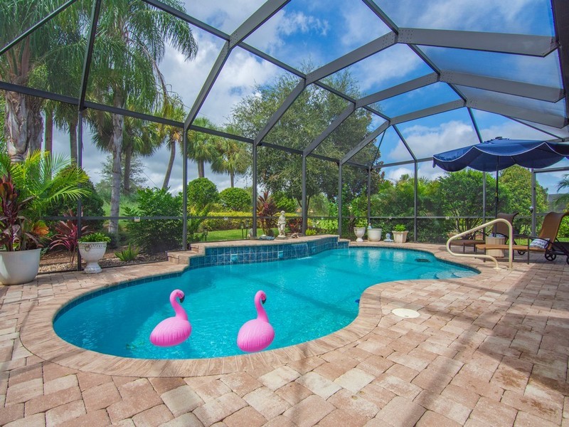 Screen-enclosed swimming pool featuring a decorative tile waterfall, brick paver decking, and surrounding landscaping with mature palms