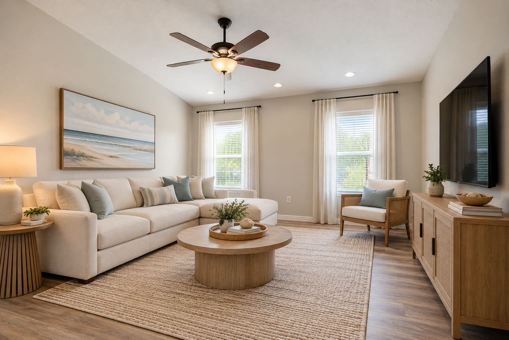 Vaulted ceilings, wood-finish flooring, recessed lighting, and a multi-blade ceiling fan with integrated light fixture