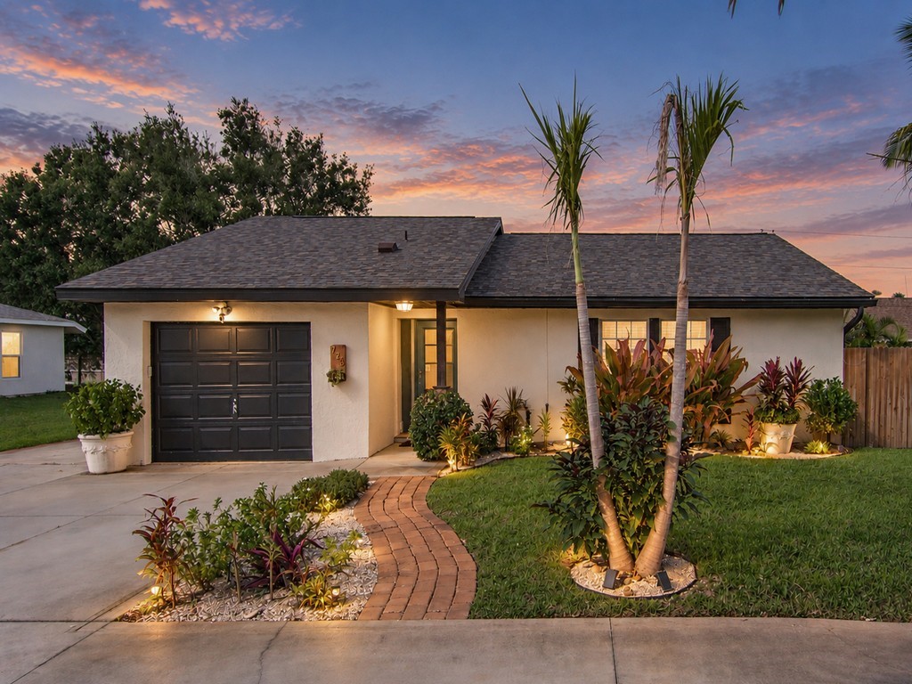 Single-story exterior featuring a light-toned stucco facade, a dark-toned asphalt shingle roof, a brick paver walkway, and an attached one-car garage