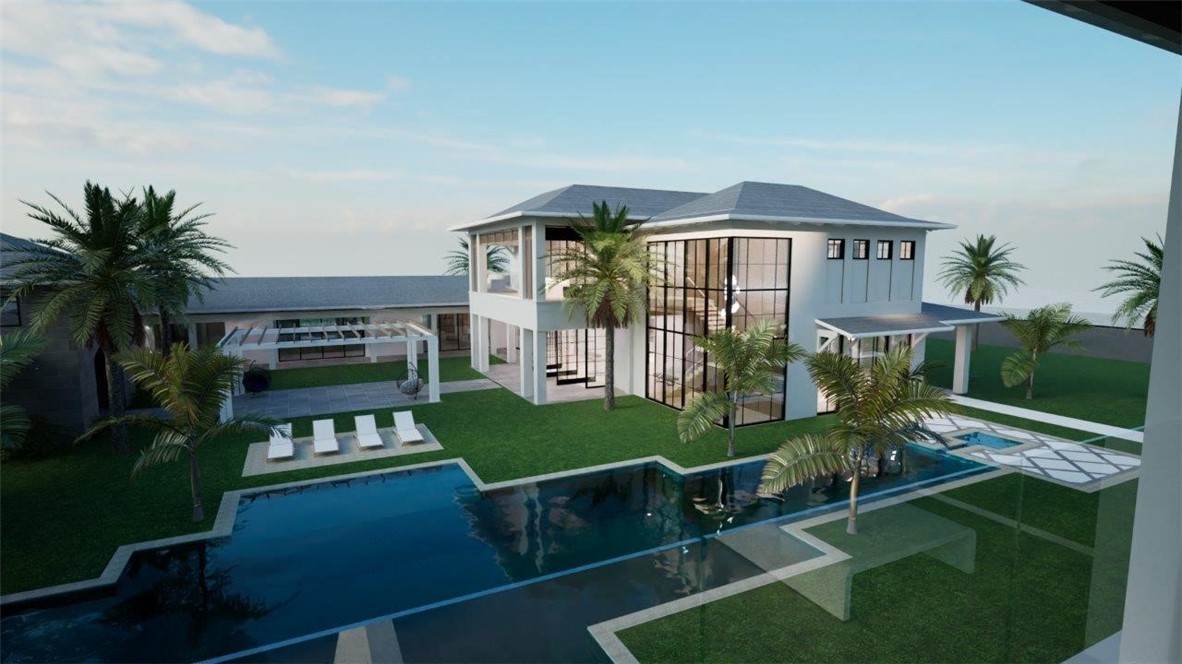 Two-story contemporary exterior featuring expansive floor-to-ceiling glass paneling, a custom-shaped swimming pool, integrated spa, and a pergola-covered patio area