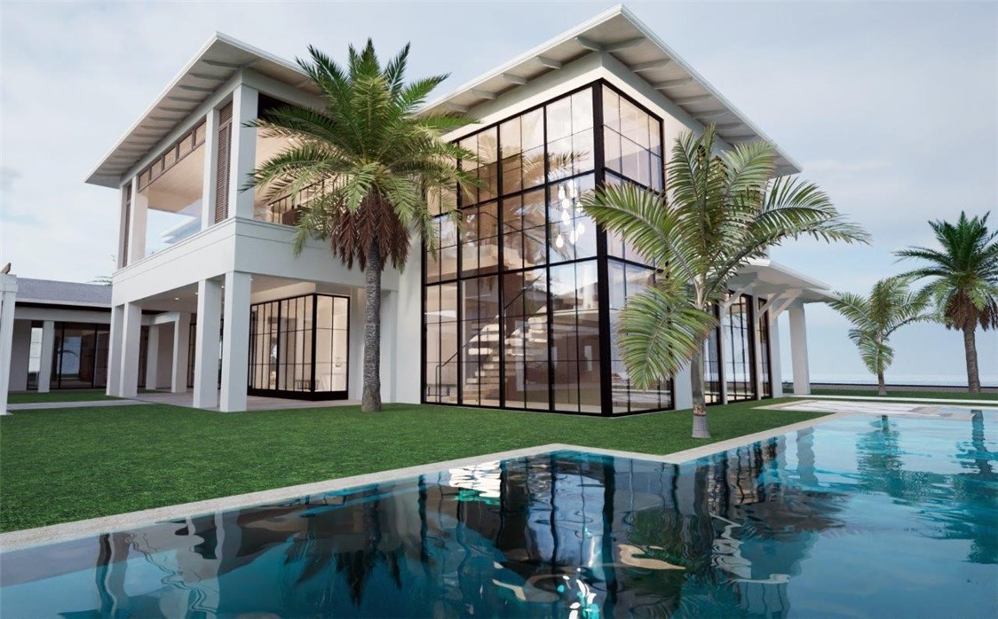 Modern architectural exterior featuring floor-to-ceiling grid-pane windows, expansive covered balcony, two-story glass facade, and an in-ground swimming pool
