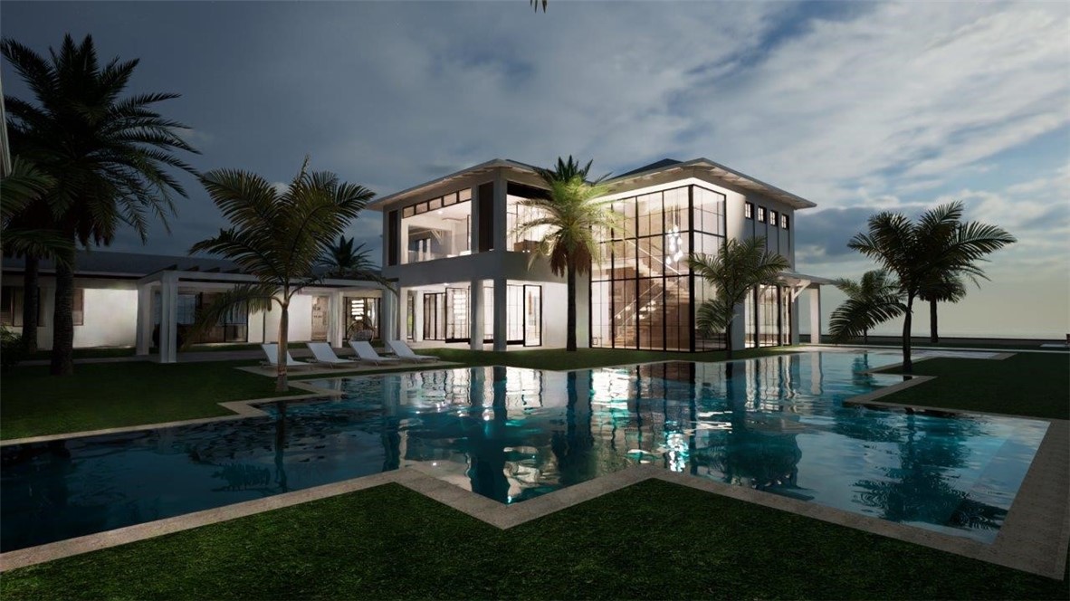 Contemporary two-story exterior featuring floor-to-ceiling glass wall, geometric swimming pool, paved pool deck, and integrated pergola