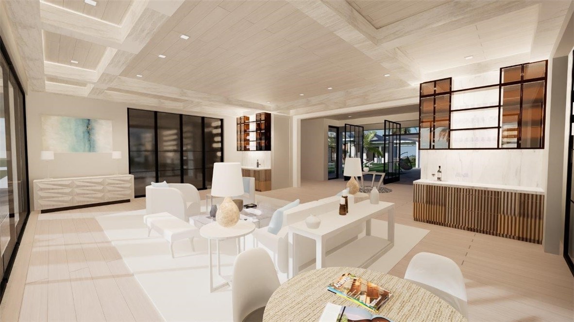 Coffered ceiling with wood-finish paneling, custom built-in wet bar with stone-finish surfacing, floor-to-ceiling black metal-framed glass doors, and light-toned wood-finish flooring