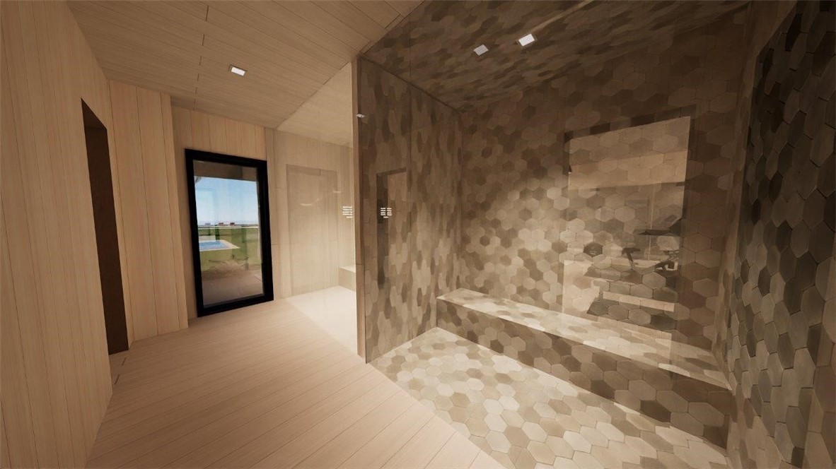 Walk-in shower featuring hexagonal wall and floor tiling, integrated bench seating, recessed lighting, and wood-finish ceiling paneling