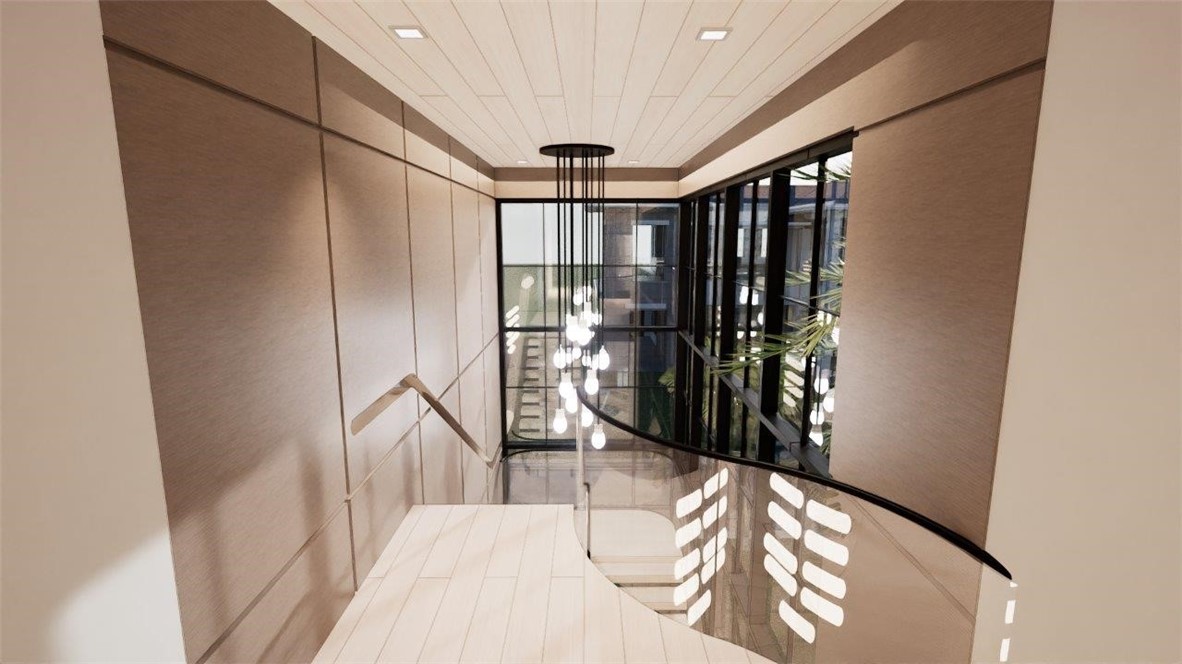 Staircase featuring paneled walls, a glass railing, floor-to-ceiling metal-framed windows, recessed ceiling lighting, and a multi-pendant light fixture