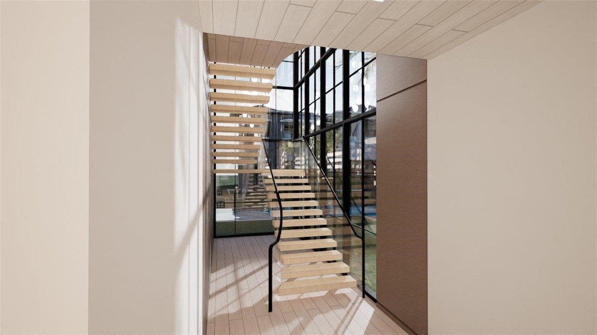 Floating staircase with light-toned wood-finish treads, floor-to-ceiling multi-pane metal-framed windows, glass panel railings, and wood-paneled ceiling