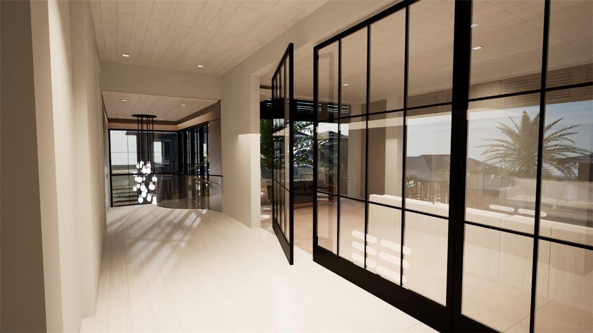 Floor-to-ceiling iron-framed glass panel walls, light-toned wood-finish ceiling, recessed lighting, and sculptural multi-bulb pendant chandelier