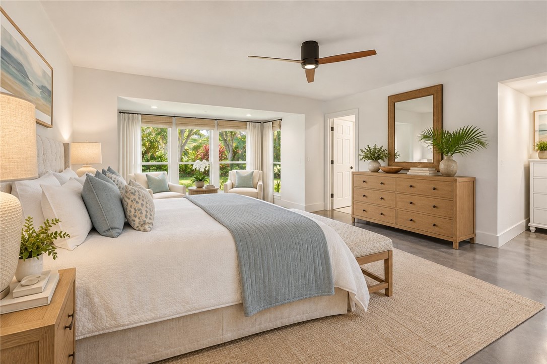 Virtually Staged - Recessed lighting, bay window, polished concrete flooring, and a modern ceiling fan
