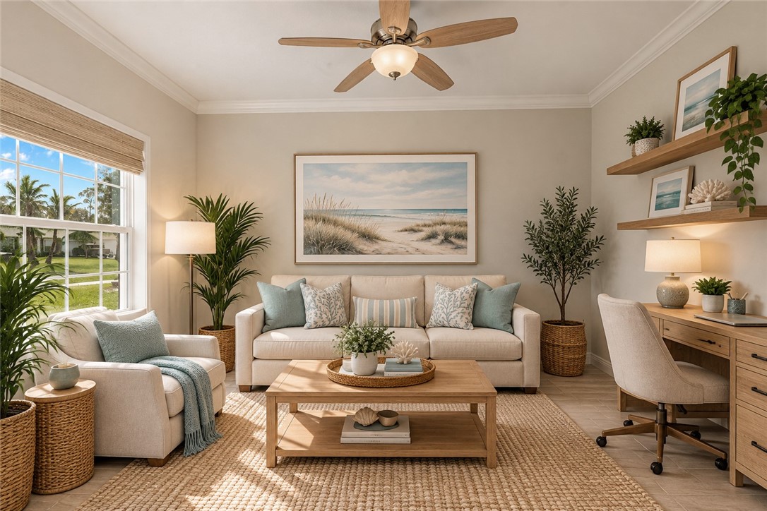 Multi-pane window, ceiling fan with integrated light fixture, built-in wooden shelving, and crown molding