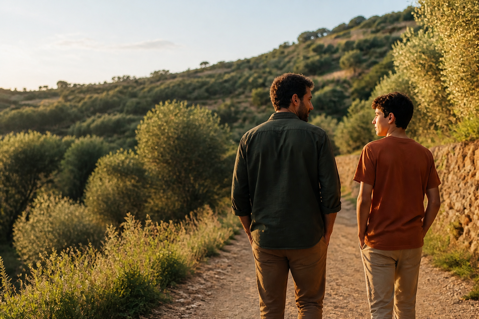 Ein erwachsener Begleiter und ein Jugendlicher gehen gemeinsam durch die portugiesische Landschaft
