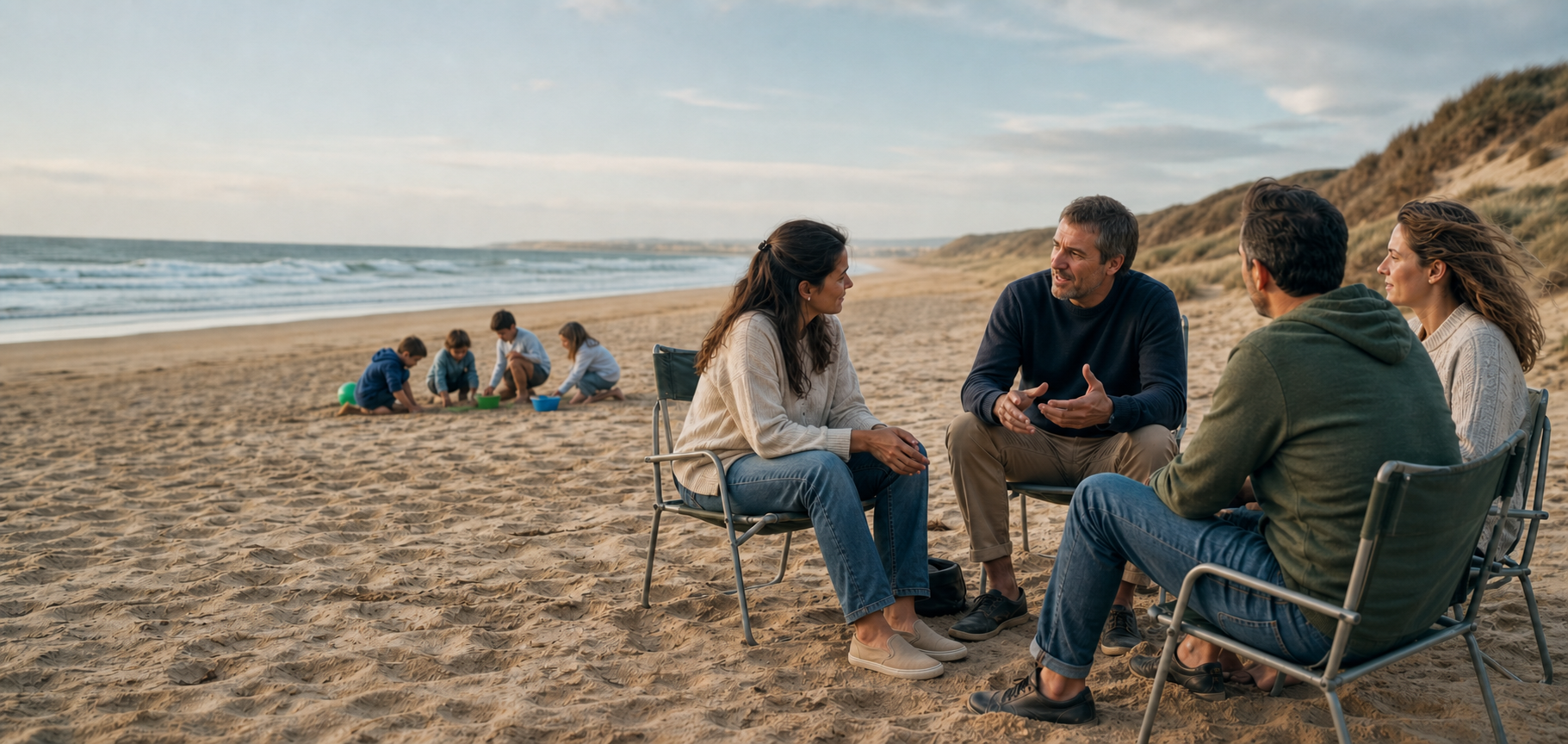 Two couples discussing family-based care while children play on a Portuguese beach