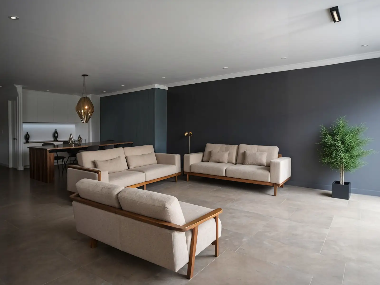 Modern living room with a calm, neutral palette