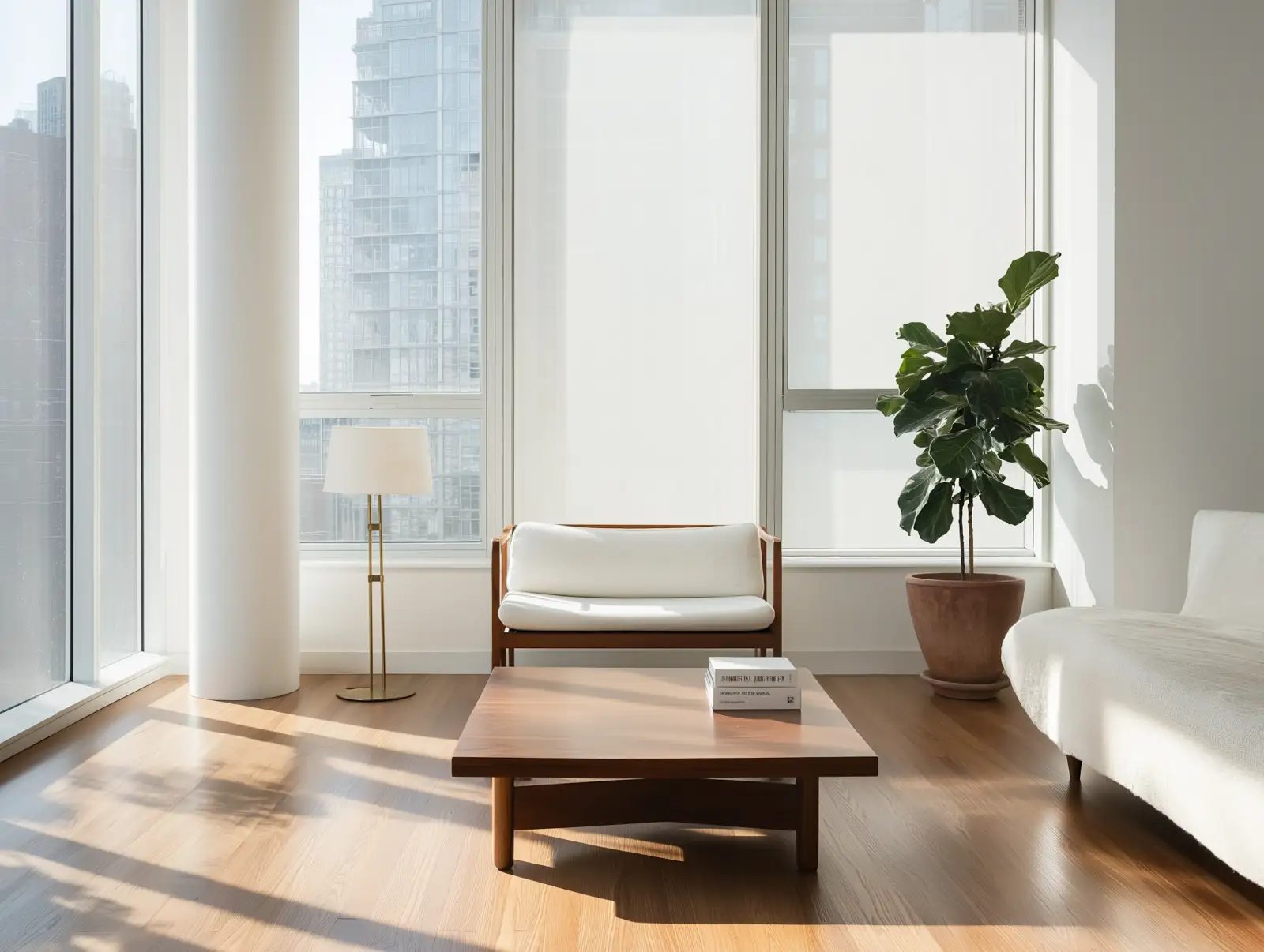 Minimalist living room with clean lines and natural materials