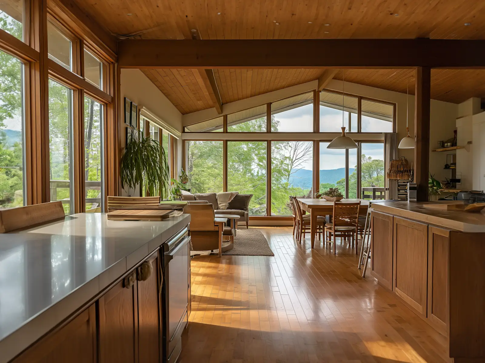 Rustic modern interior with wide windows framing the view