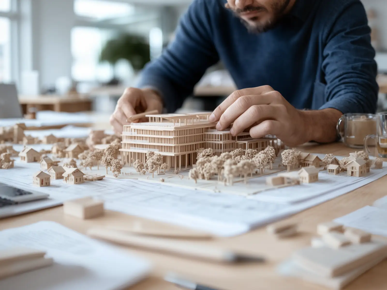 Architectural scale model being assembled on a desk