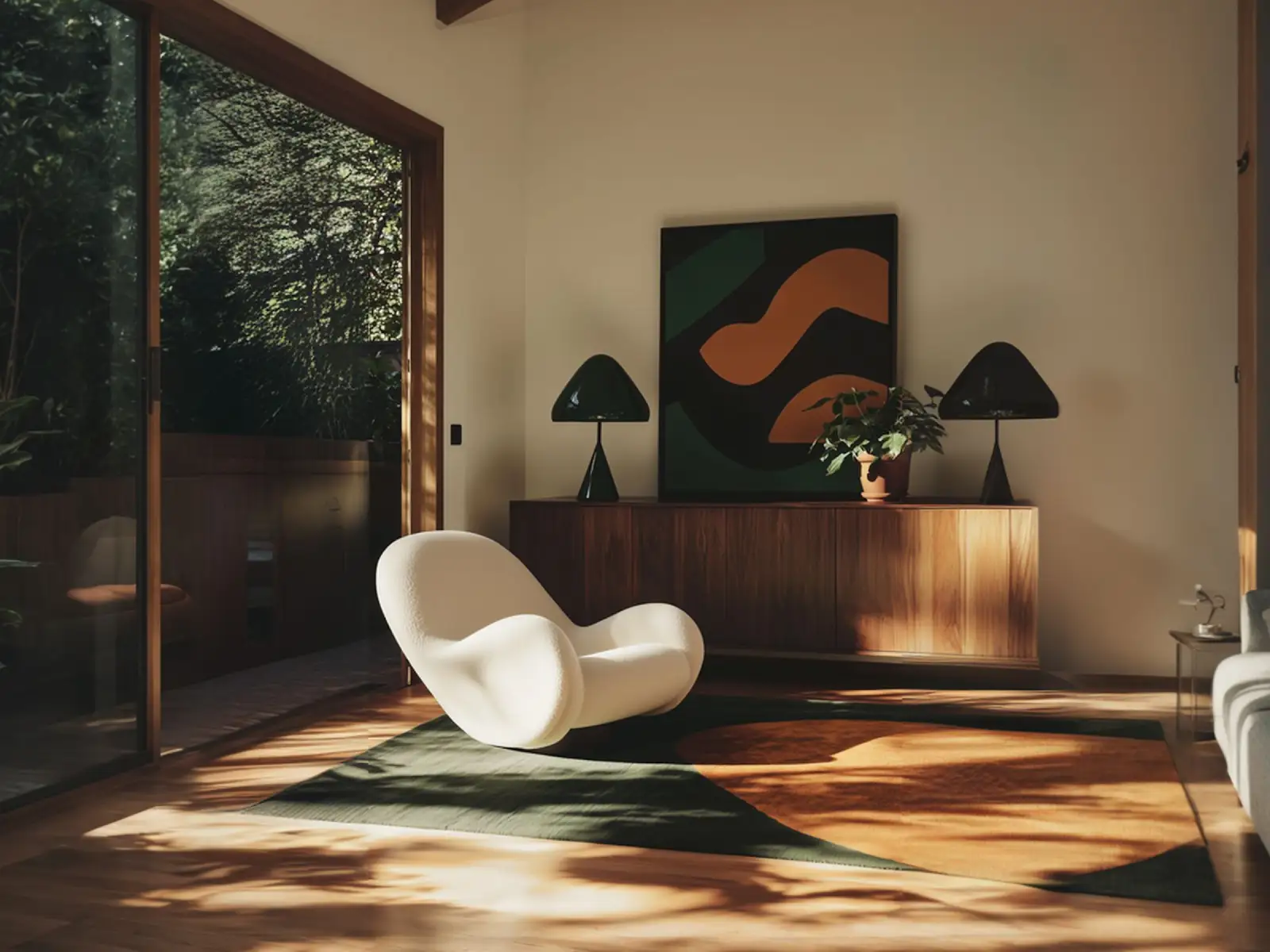 Modern interior with a plush white armchair as the focal piece