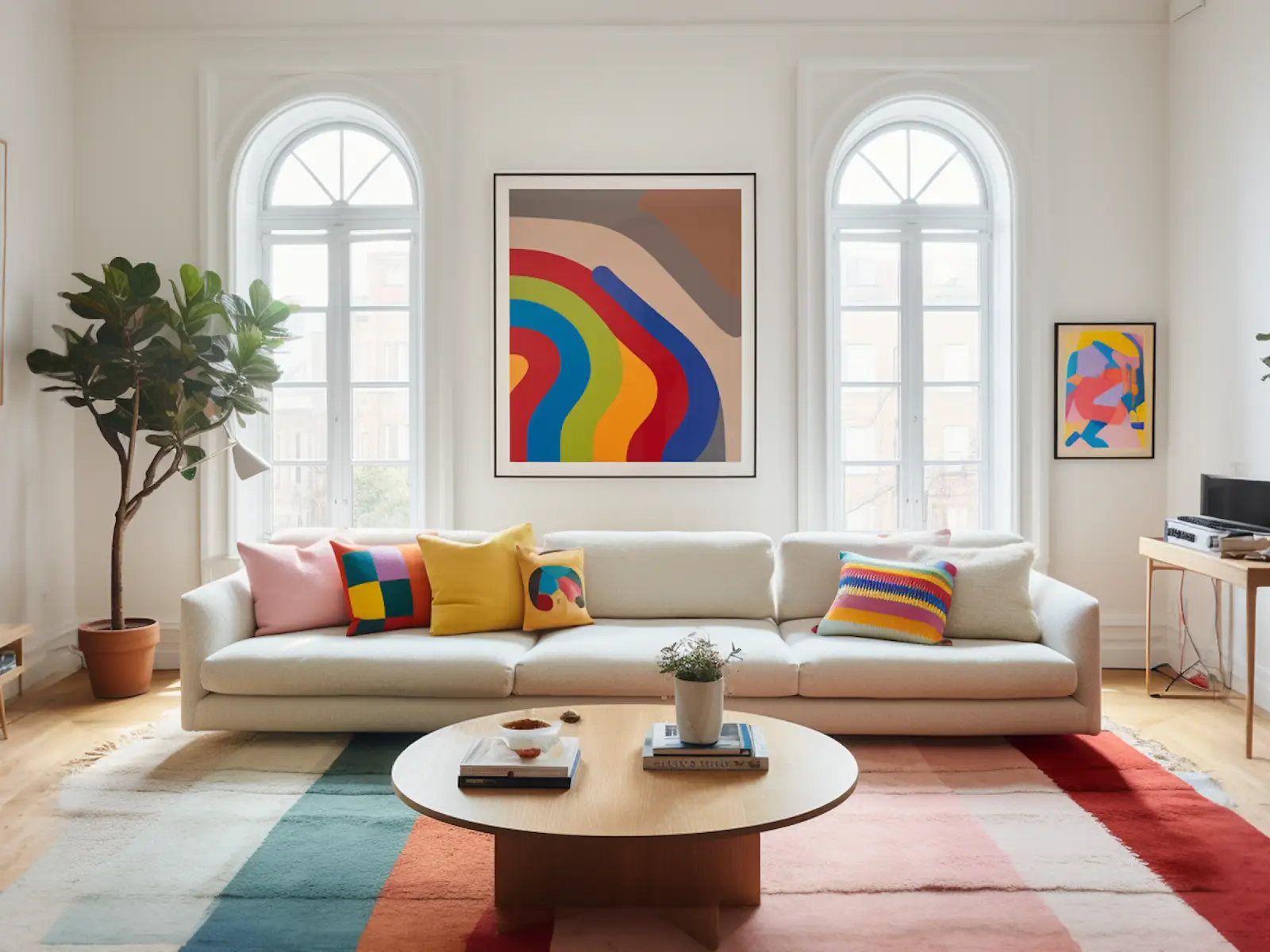 Living room styled with artwork and bright accent colours