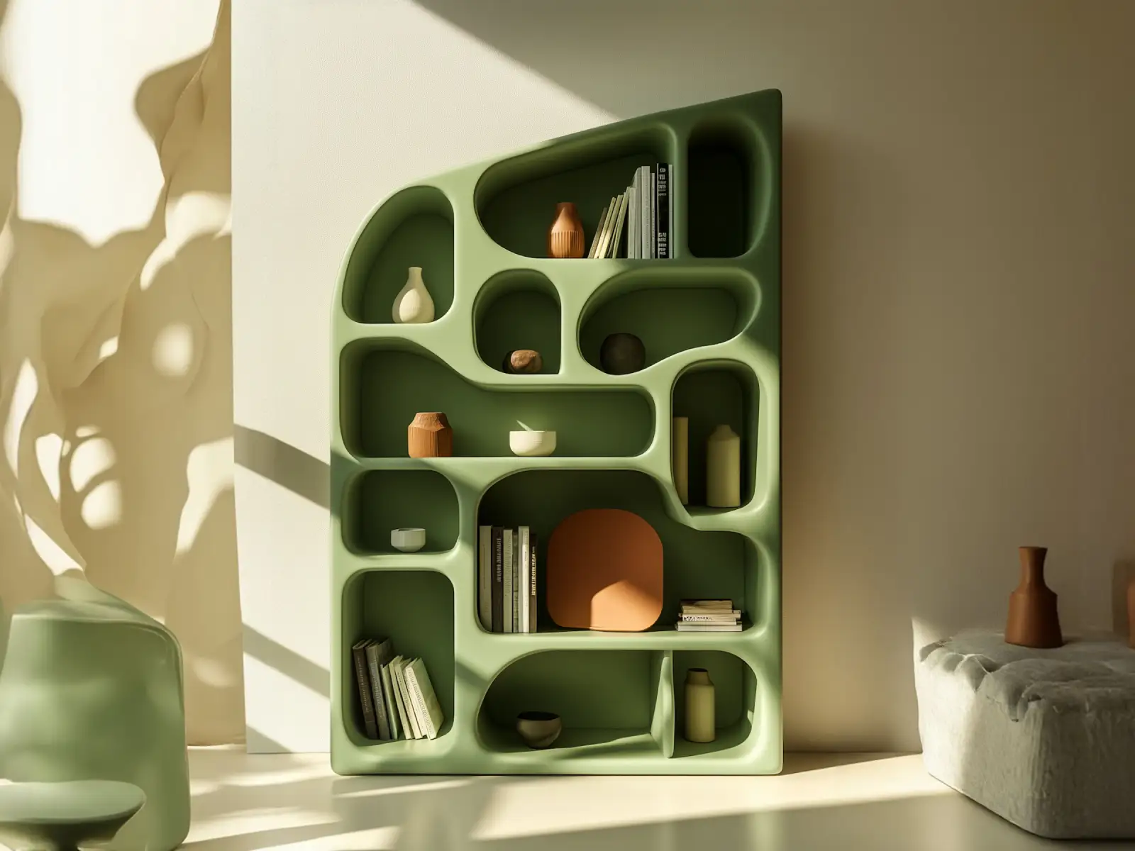 Sculptural bookshelf styled with books and objects