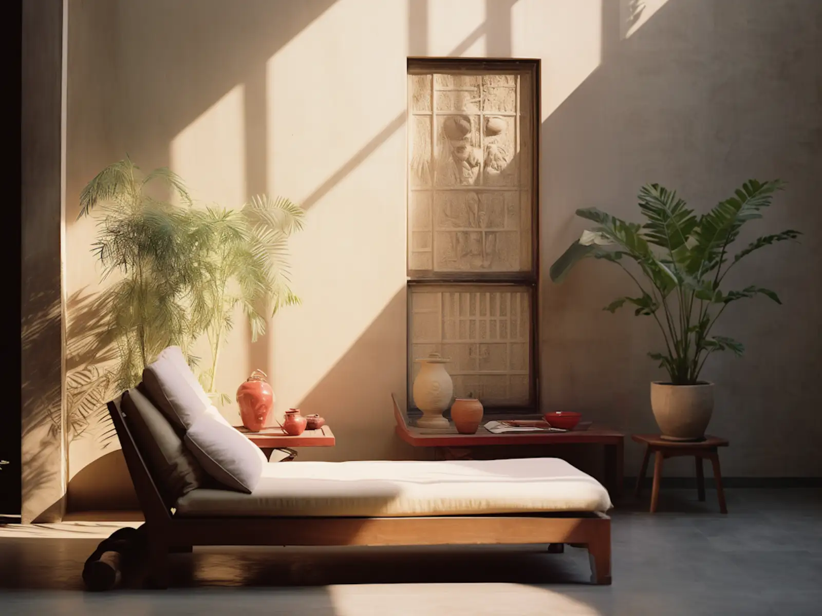 Sunlit lounge with plants and daylight falling across the walls